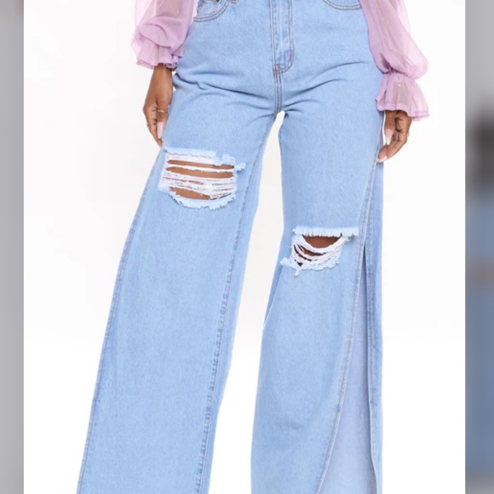 Fashion Nova Blue Flare Wide Leg Jeans Distressed